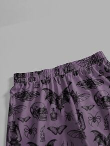 ROMWE Plus Size Gothic Dark Forest Loose Pants With Crow, Bat, Skull, Cross Prints, Halloween Fall - Purple - View 3