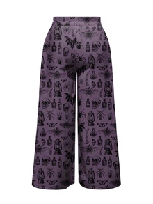 ROMWE Plus Size Gothic Dark Forest Loose Pants With Crow, Bat, Skull, Cross Prints, Halloween Fall - Purple - View 2
