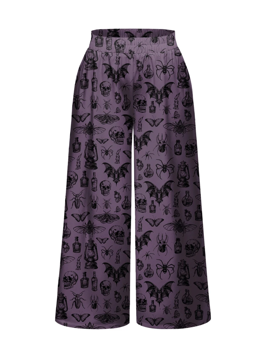 ROMWE Plus Size Gothic Dark Forest Loose Pants With Crow, Bat, Skull, Cross Prints, Halloween Fall - Purple - View 1
