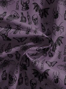 ROMWE Plus Size Gothic Dark Forest Loose Pants With Crow, Bat, Skull, Cross Prints, Halloween Fall - Purple - View 4