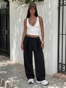 Flirla 女款抓絨彈性腰純色百褶休閒街頭風運動長褲 機場風 黑色 冬季 - 黑色 - 查看 4