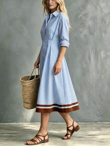 SHEIN Women's Casual Striped Front Button Mid-Length Dress For Vacation - Multicolor - View 5