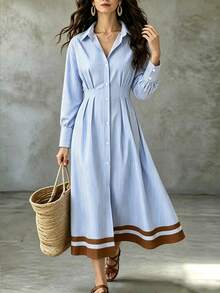 SHEIN Women's Casual Striped Front Button Mid-Length Dress For Vacation - Multicolor - View 8