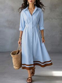 SHEIN Women's Casual Striped Front Button Mid-Length Dress For Vacation - Multicolor - View 4