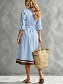 SHEIN Women's Casual Striped Front Button Mid-Length Dress For Vacation - Multicolor - View 3