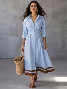 SHEIN Women's Casual Striped Front Button Mid-Length Dress For Vacation - Multicolor - View 2