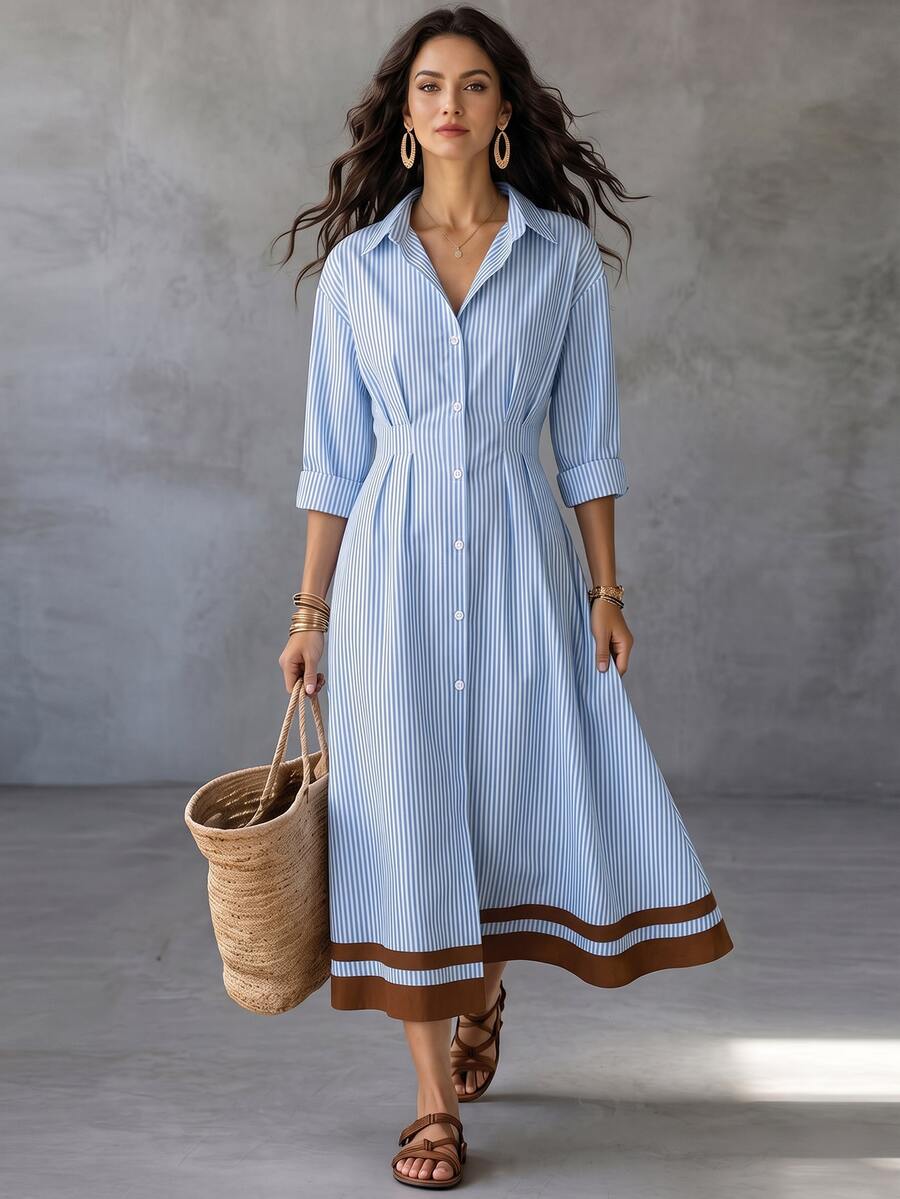 SHEIN Women's Casual Striped Front Button Mid-Length Dress For Vacation