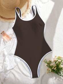 Swim SPRTY Women's Summer Beach Vacation Contrast Color Trim Backless One-Piece Swimsuit - Brown - View 6