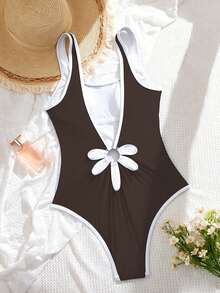 Swim SPRTY Women's Summer Beach Vacation Contrast Color Trim Backless One-Piece Swimsuit - Brown - View 7