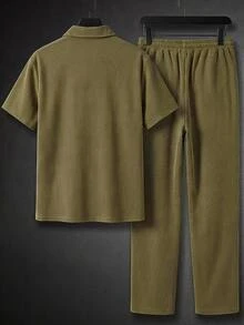 GETOML 男士翻蓋口袋襯衫抽繩腰長褲套裝 橄欖綠 夏季休閒街頭風 度假襯衫與長褲套裝 - 軍綠色 - 查看 3