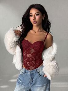 SHEIN PETITE Women's Sexy Lace Sheer Spaghetti Strap Camisole, Suitable For Parties And Dates - Burgundy - View 6
