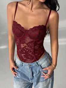 SHEIN PETITE Women's Sexy Lace Sheer Spaghetti Strap Camisole, Suitable For Parties And Dates - Burgundy - View 5