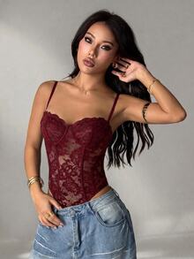 SHEIN PETITE Women's Sexy Lace Sheer Spaghetti Strap Camisole, Suitable For Parties And Dates - Burgundy - View 7