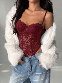 SHEIN PETITE Women's Sexy Lace Sheer Spaghetti Strap Camisole, Suitable For Parties And Dates - Burgundy - View 3