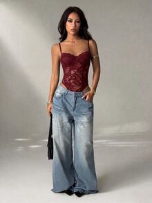 SHEIN PETITE Women's Sexy Lace Sheer Spaghetti Strap Camisole, Suitable For Parties And Dates - Burgundy - View 4