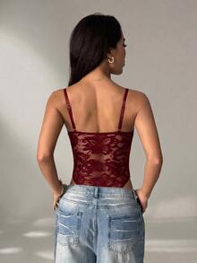 SHEIN PETITE Women's Sexy Lace Sheer Spaghetti Strap Camisole, Suitable For Parties And Dates - Burgundy - View 2