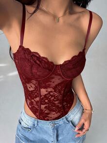 SHEIN PETITE Women's Sexy Lace Sheer Spaghetti Strap Camisole, Suitable For Parties And Dates - Burgundy - View 1