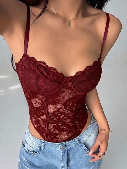 SHEIN PETITE Women's Sexy Lace Sheer Spaghetti Strap Camisole, Suitable For Parties And Dates