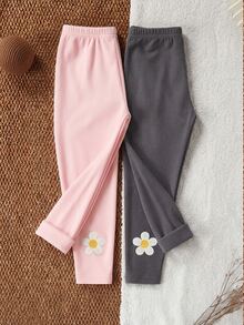 3pcs/Pack Girls' Autumn/Winter Elegant Fashion Embroidered Floral Thick Fleece Warm Leggings - Dark Grey - View 3