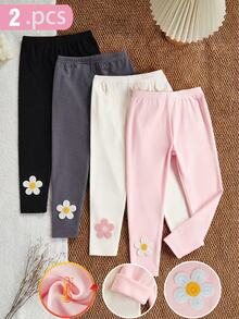 3pcs/Pack Girls' Autumn/Winter Elegant Fashion Embroidered Floral Thick Fleece Warm Leggings - Dark Grey - View 1