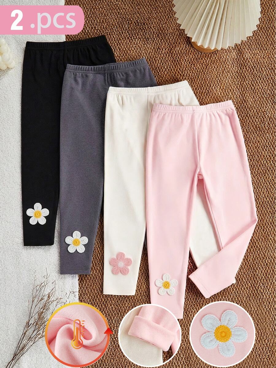 3pcs/Pack Girls' Autumn/Winter Elegant Fashion Embroidered Floral Thick Fleece Warm Leggings - Dark Grey - View 1