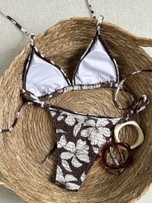 SHEIN Swim 女士挂脖印花比基尼套装，两件套泳装，适合海滩、海岛、泳池派对，甜美风格，春夏款 - 咖啡棕 - 查看 6