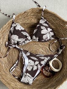 SHEIN Swim 女士挂脖印花比基尼套装，两件套泳装，适合海滩、海岛、泳池派对，甜美风格，春夏款 - 咖啡棕 - 查看 2