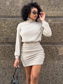 Alexandranx Women's Light Beige High Neck Knit Mini Dress,Elegant Casual Autumn Brunch Everyday Commute Dropped Shoulder Waist-Defining Clothes Day Time Date - Khaki - View 3
