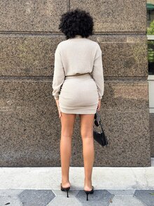 Alexandranx Women's Light Beige High Neck Knit Mini Dress,Elegant Casual Autumn Brunch Everyday Commute Dropped Shoulder Waist-Defining Clothes Day Time Date - Khaki - View 2