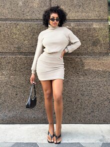 Alexandranx Women's Light Beige High Neck Knit Mini Dress,Elegant Casual Autumn Brunch Everyday Commute Dropped Shoulder Waist-Defining Clothes Day Time Date - Khaki - View 1