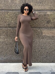 Alexandranx Striped Textured Round Neck Midi Dress For Women,Dark Brown,Winter,Elegant,Everyday Coffee Brown Long Sleeve Bodycon Slim Long Dress - Dark Brown - View 3