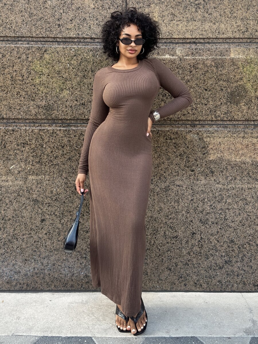 Alexandranx Striped Textured Round Neck Midi Dress For Women,Dark Brown,Winter,Elegant,Everyday Coffee Brown Long Sleeve Bodycon Slim Long Dress - Dark Brown - View 1