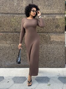 Alexandranx Striped Textured Round Neck Midi Dress For Women,Dark Brown,Winter,Elegant,Everyday Coffee Brown Long Sleeve Bodycon Slim Long Dress - Dark Brown - View 4