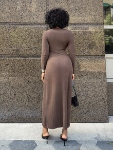 Alexandranx Striped Textured Round Neck Midi Dress For Women,Dark Brown,Winter,Elegant,Everyday Coffee Brown Long Sleeve Bodycon Slim Long Dress - Dark Brown - View 2