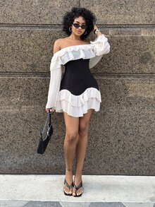 Alexandranx Plus Size Women's Black And White Patchwork Off-Shoulder Ruffle Hem Flowy Chiffon Flare Sleeve Mini Dress,Elegant Summer Birthday Party Fitted - Multicolor - View 3