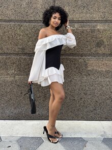 Alexandranx Plus Size Women's Black And White Patchwork Off-Shoulder Ruffle Hem Flowy Chiffon Flare Sleeve Mini Dress,Elegant Summer Birthday Party Fitted - Multicolor - View 5