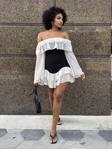 Alexandranx Plus Size Women's Black And White Patchwork Off-Shoulder Ruffle Hem Flowy Chiffon Flare Sleeve Mini Dress,Elegant Summer Birthday Party Fitted - Multicolor - View 4