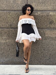 Alexandranx Plus Size Women's Black And White Patchwork Off-Shoulder Ruffle Hem Flowy Chiffon Flare Sleeve Mini Dress,Elegant Summer Birthday Party Fitted - Multicolor - View 1