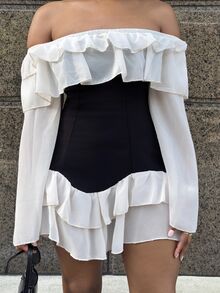Alexandranx Plus Size Women's Black And White Patchwork Off-Shoulder Ruffle Hem Flowy Chiffon Flare Sleeve Mini Dress,Elegant Summer Birthday Party Fitted - Multicolor - View 6