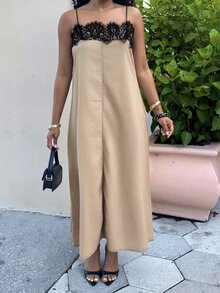 Alexandranx 女款夏季蕾絲拼接黑白對比寬鬆細肩帶中長洋裝，適合派對、海灘、度假太陽裙 - 卡其色 - 查看 6