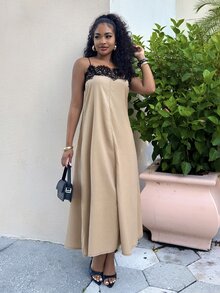 Alexandranx 女款夏季蕾絲拼接黑白對比寬鬆細肩帶中長洋裝，適合派對、海灘、度假太陽裙 - 卡其色 - 查看 4