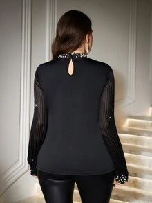 Reflora Plus Size Autumn/Winter Lace Patchwork Rhinestone Pearl Design Top Party Night Black Elegant Sexy Fall - Black - View 2