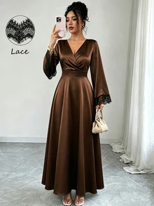 Rafferiza Dress A-Line Cinched Waist Textured Satin Wrap V-Neck Contrast Lace Cuffs Elegant Mature Date Dinner Party Chocolate Brown Long Thanksgiving Fall - Coffee - View 8