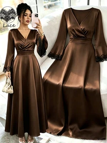 Rafferiza Dress A-Line Cinched Waist Textured Satin Wrap V-Neck Contrast Lace Cuffs Elegant Mature Date Dinner Party Chocolate Brown Long Thanksgiving Fall - Coffee - View 6