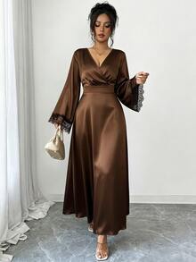 Rafferiza Dress A-Line Cinched Waist Textured Satin Wrap V-Neck Contrast Lace Cuffs Elegant Mature Date Dinner Party Chocolate Brown Long Thanksgiving Fall - Coffee - View 3