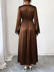 Rafferiza Dress A-Line Cinched Waist Textured Satin Wrap V-Neck Contrast Lace Cuffs Elegant Mature Date Dinner Party Chocolate Brown Long Thanksgiving Fall - Coffee - View 2