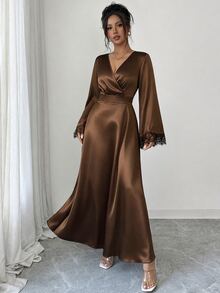 Rafferiza Dress A-Line Cinched Waist Textured Satin Wrap V-Neck Contrast Lace Cuffs Elegant Mature Date Dinner Party Chocolate Brown Long Thanksgiving Fall - Coffee - View 4