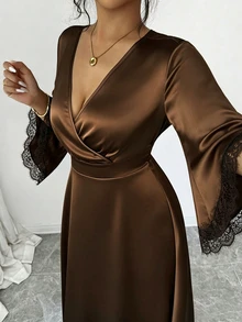 Rafferiza Dress A-Line Cinched Waist Textured Satin Wrap V-Neck Contrast Lace Cuffs Elegant Mature Date Dinner Party Chocolate Brown Long Thanksgiving Fall - Coffee - View 7