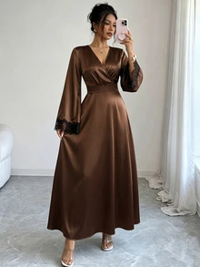 Rafferiza Dress A-Line Cinched Waist Textured Satin Wrap V-Neck Contrast Lace Cuffs Elegant Mature Date Dinner Party Chocolate Brown Long Thanksgiving Fall - Coffee - View 5