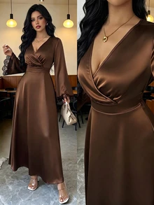 Rafferiza Dress A-Line Cinched Waist Textured Satin Wrap V-Neck Contrast Lace Cuffs Elegant Mature Date Dinner Party Chocolate Brown Long Thanksgiving Fall - Coffee - View 1